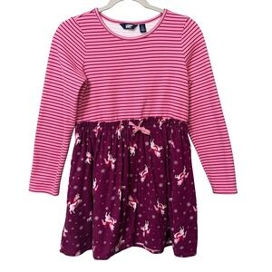 Lands End Girls Large 10-12 Pink Striped Unicorn Snowflake Long Sleeve Dress